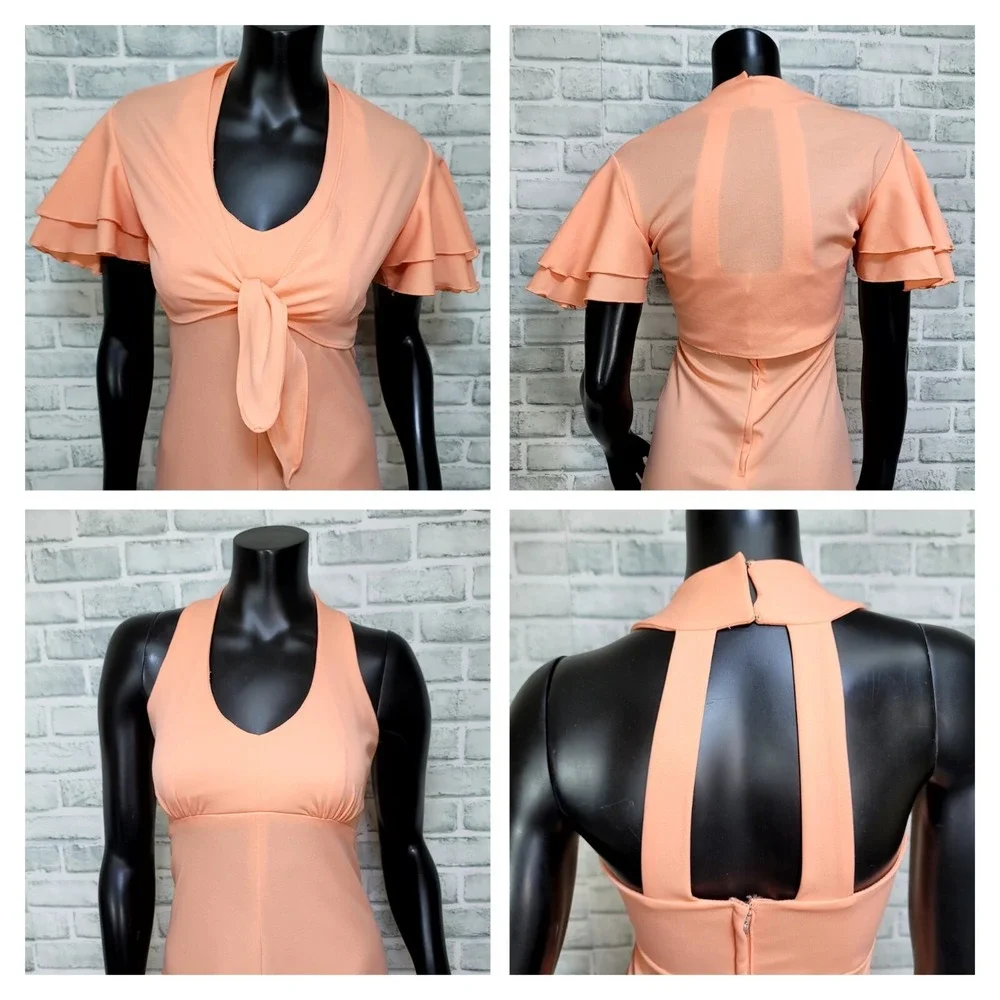 Vintage 70s Peach Maxi Halter Dress w/ Matching Ruffle Sleeve Crop Bolero Jacket